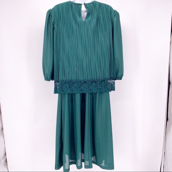 VINTAGE 80s Green Lace Pleated Party Dress Sz L - Picture 5 of 7